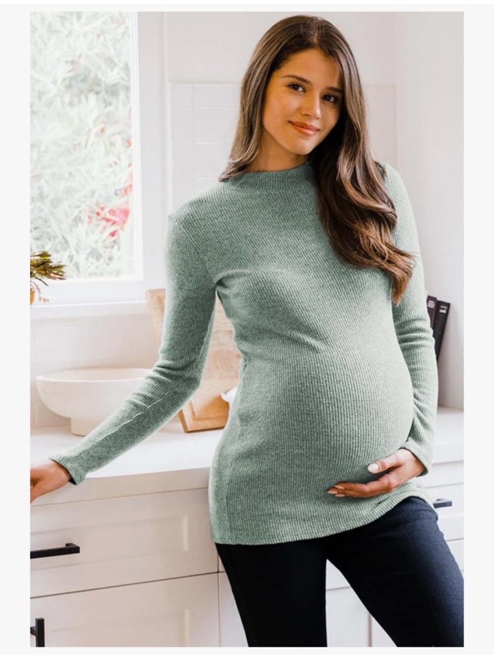 Ribbed Maternity Sweater Tunic in Sage Green